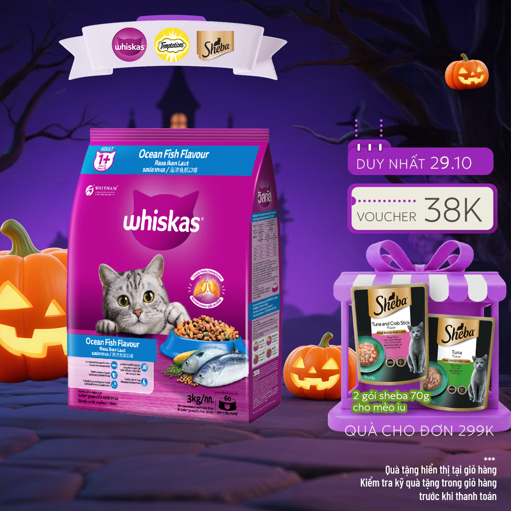 WHISKAS Thức Ăn Cho Mèo Trưởng Thành Dạng Hạt vị Cá Biển - 3kg