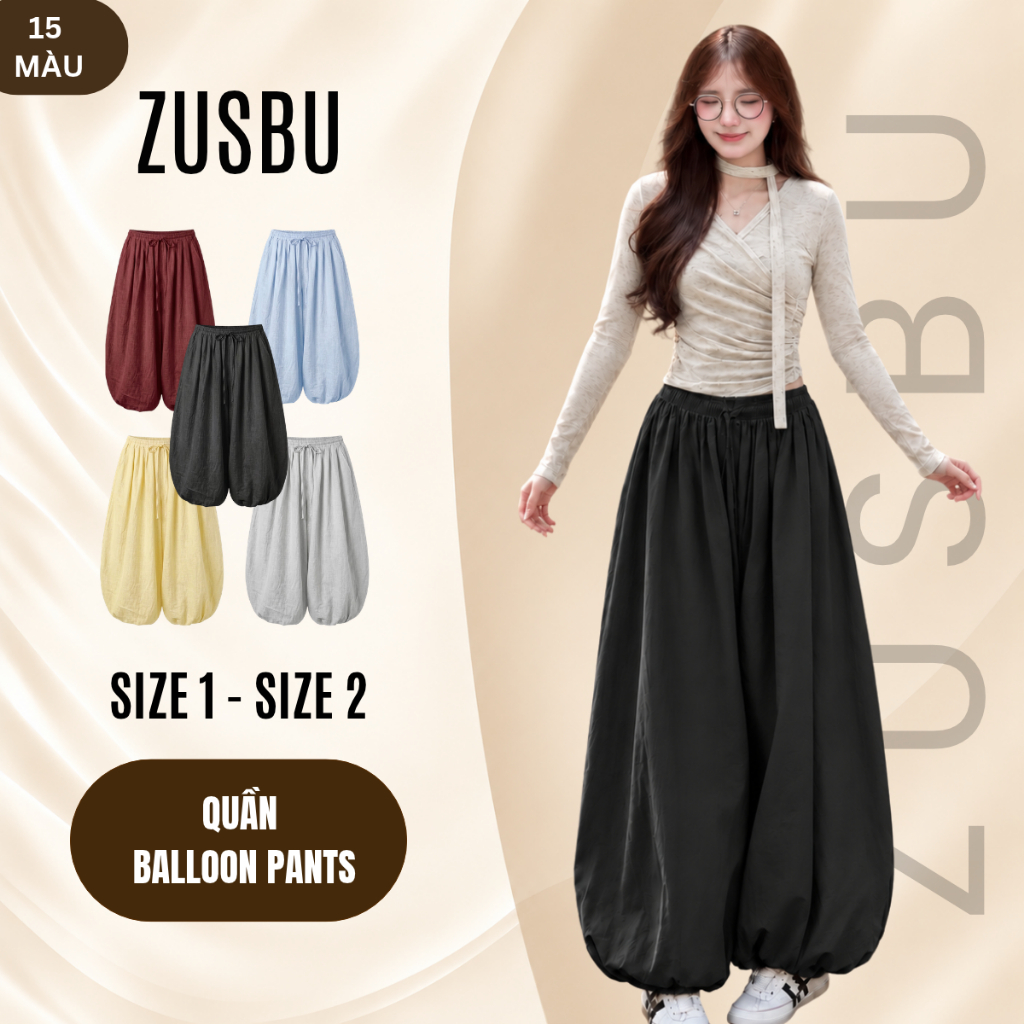 ZUSBU - Quần Balloon Pants Bom Ống Rộng Phồng To Cạp Chun Bo Gấu Unisex Nam Nữ, Phong Cách Trekking Outdoor, Đi Phượt Dã