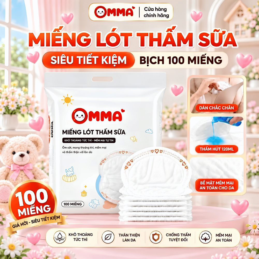 Bịch 100 miếng lót thấm hút sữa OMMA chống tràn tối đa, từ sợi organic lành tính, an toàn cho mẹ và bé