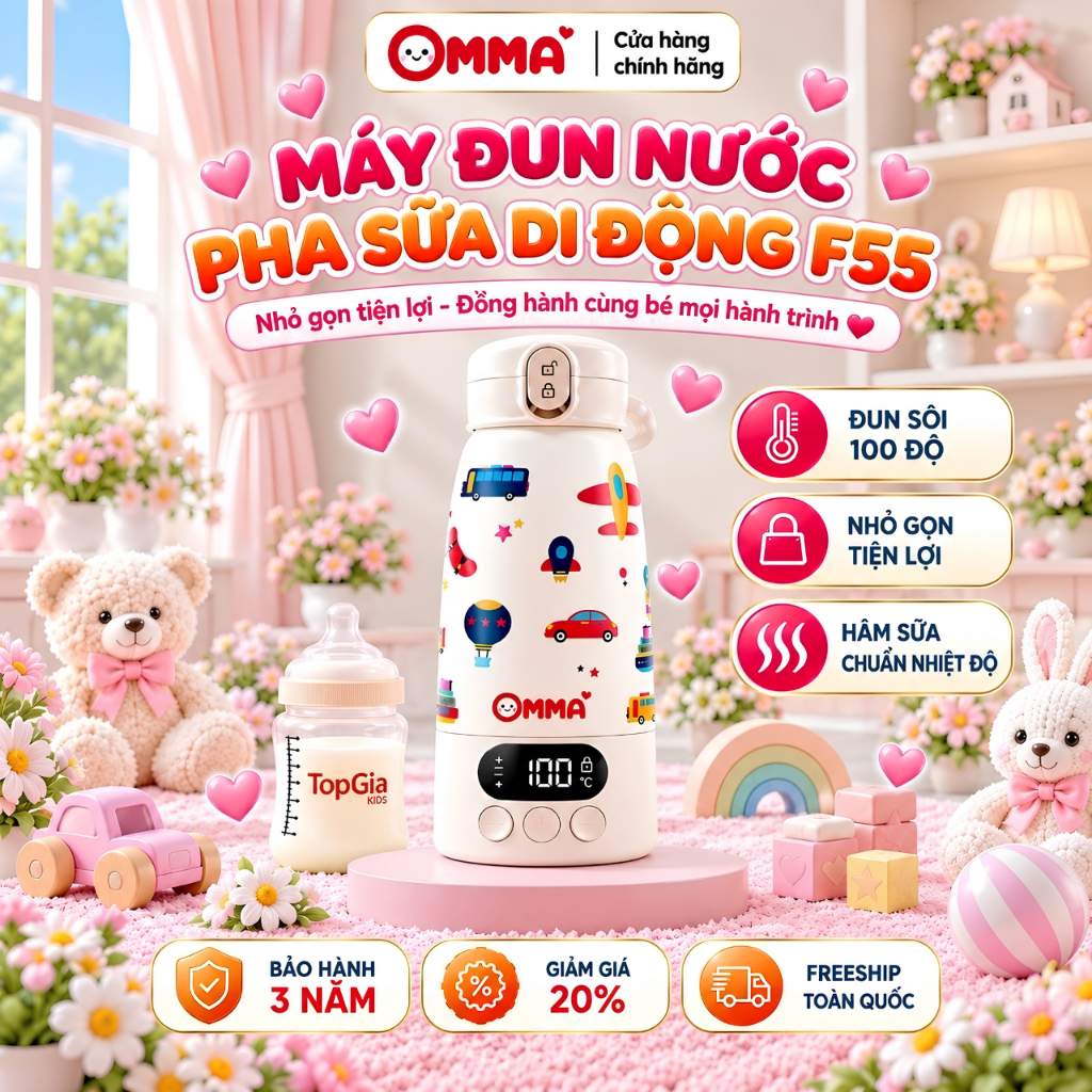 Bình Đun Pha Sữa Di Động Omma F55 Không Dây – Hâm Nước Pha Sữa , Điều Chỉnh Nhiệt Độ, Đun Sôi 100°C