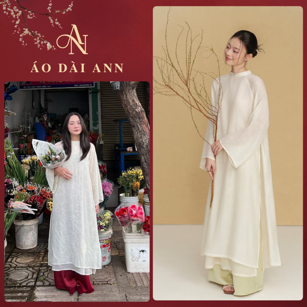 ANN - Áo Dài Cách Tân Thùy Mai Tông MÀU DA Thiết Kế 4 Tà Tay Dài, Chất Vải Tơ Mềm Mại