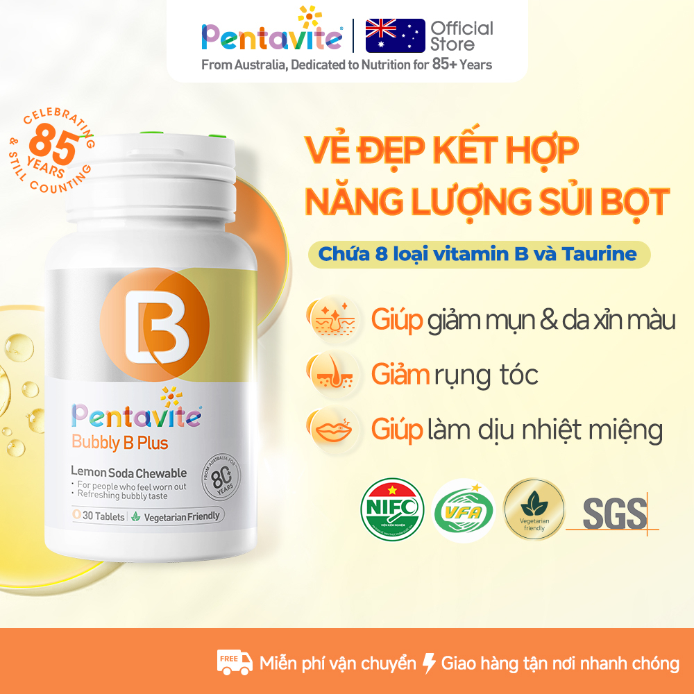 Pentavite Lemon Soda (30 viên) - Vitamin B Complex, tăng sức khỏe, miễn dịch, bổ sung dưỡng chất.