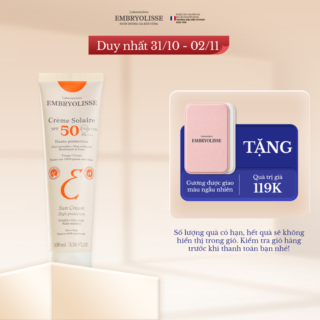 [OUTLET S5] [DATE 03/2027] Kem chống nắng phổ rộng dưỡng ẩm cho da khô Embryolisse Crème Solaire 100ml