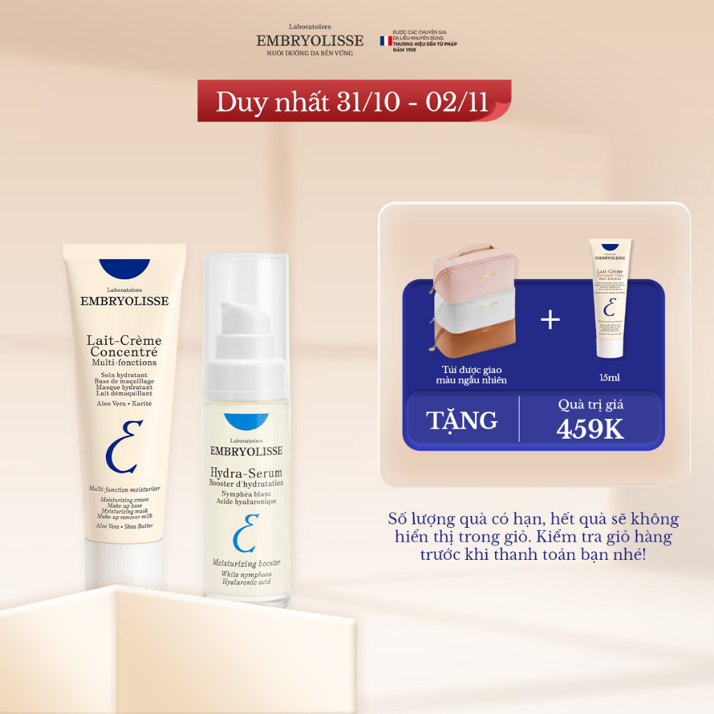 Bộ đôi Serum [DATE 2/2029] Double HA 30ml và Kem dưỡng ẩm siêu phục hồi Embryolisse (30-75ml)