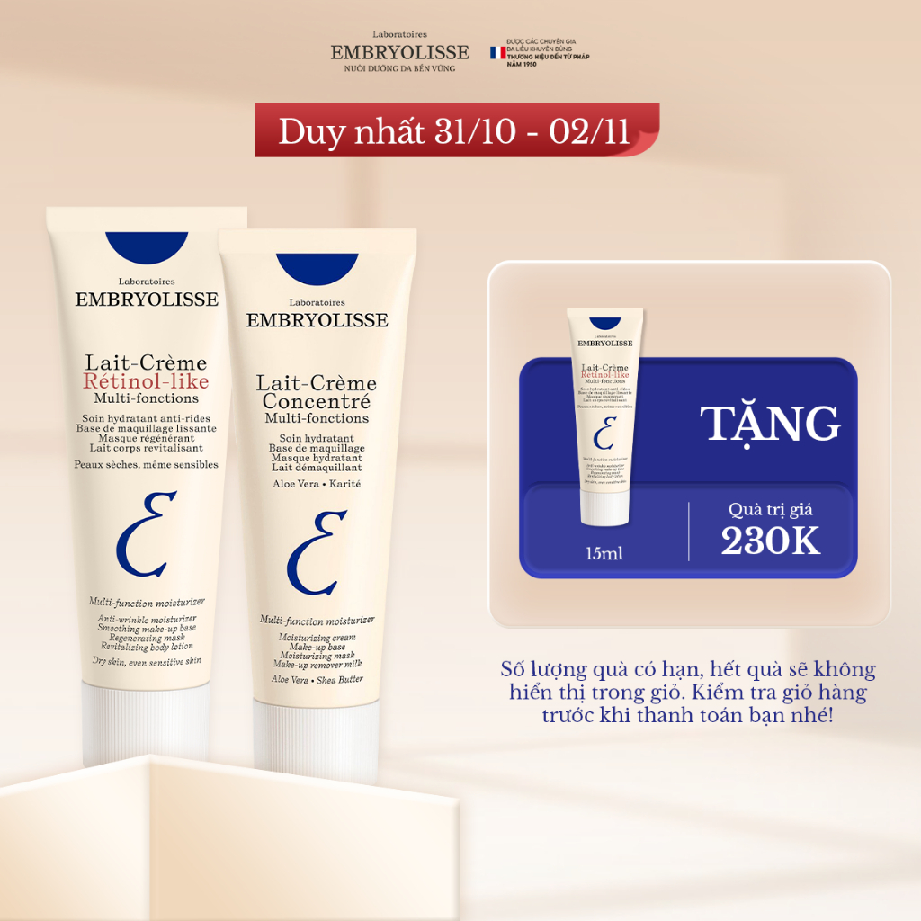 Combo Chăm Da Ngày và Đêm Embryolisse - Kem Dưỡng Ẩm Phục Hồi và Kem dưỡng chống lão hoá Retinol Like