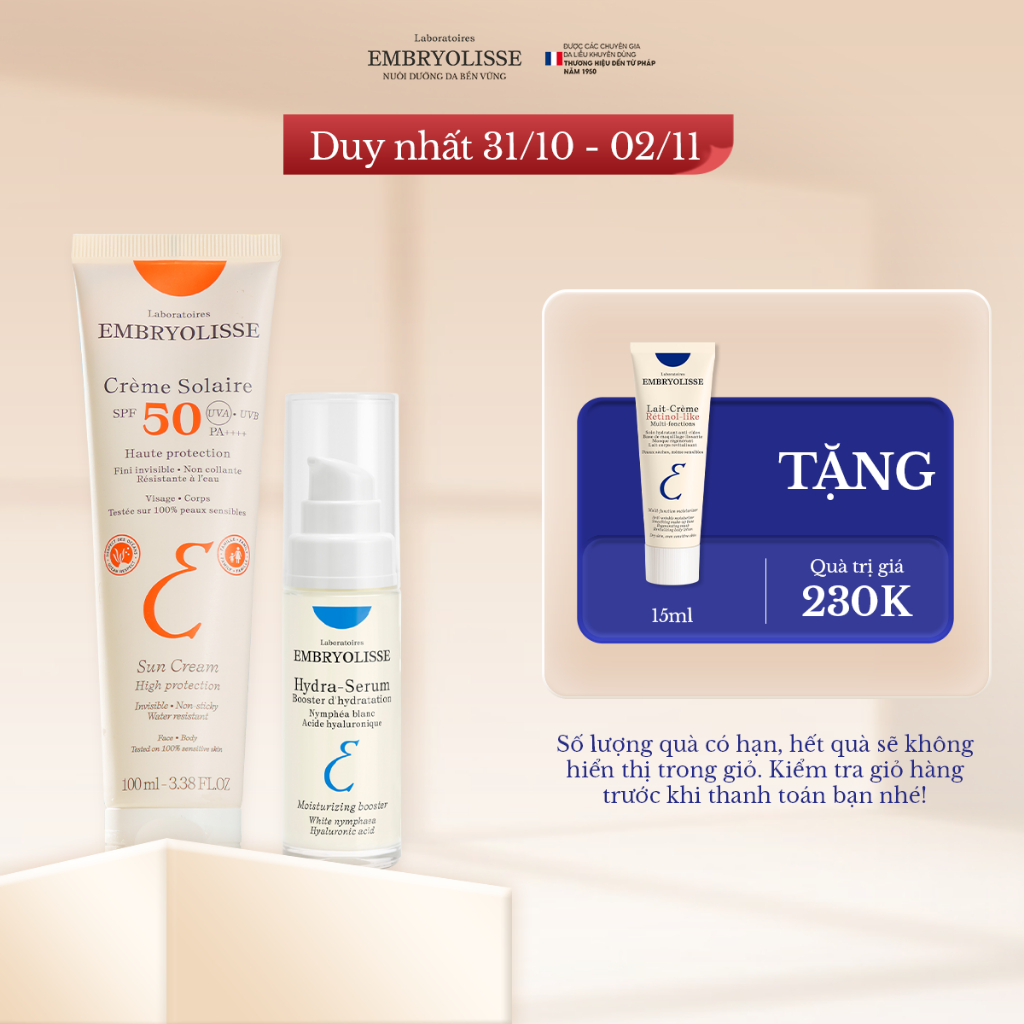 [DATE: 3/2027] Bộ Đôi Chống nắng và Dưỡng Ẩm Sâu Đa Tầng Embryolisse Crème Solaire 100ml và Hydra-Serum 30ml