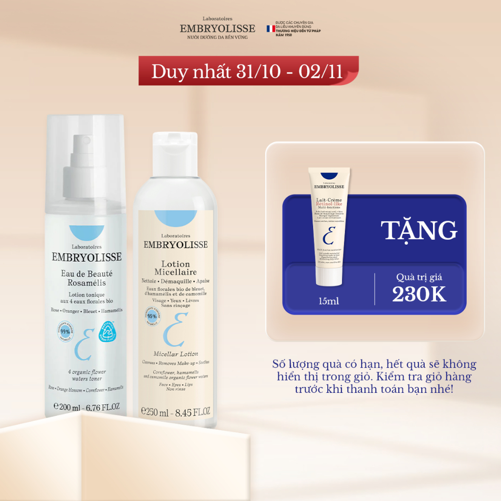 Bộ Đôi Nước Tẩy Trang Dịu Nhẹ Micellaire Lotion & Xịt Dưỡng Cấp Ẩm Sâu Eau De Beaute Rosamelis