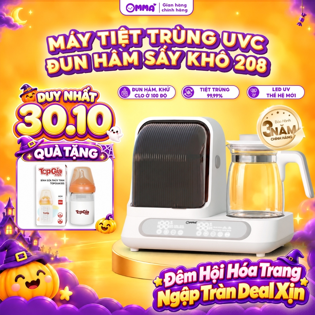 Máy đun hâm pha sữa và sấy khô tiệt trùng UVC 208 cao cấp OMMA -Đun nước pha sữa, tiệt trùng bình sữa
