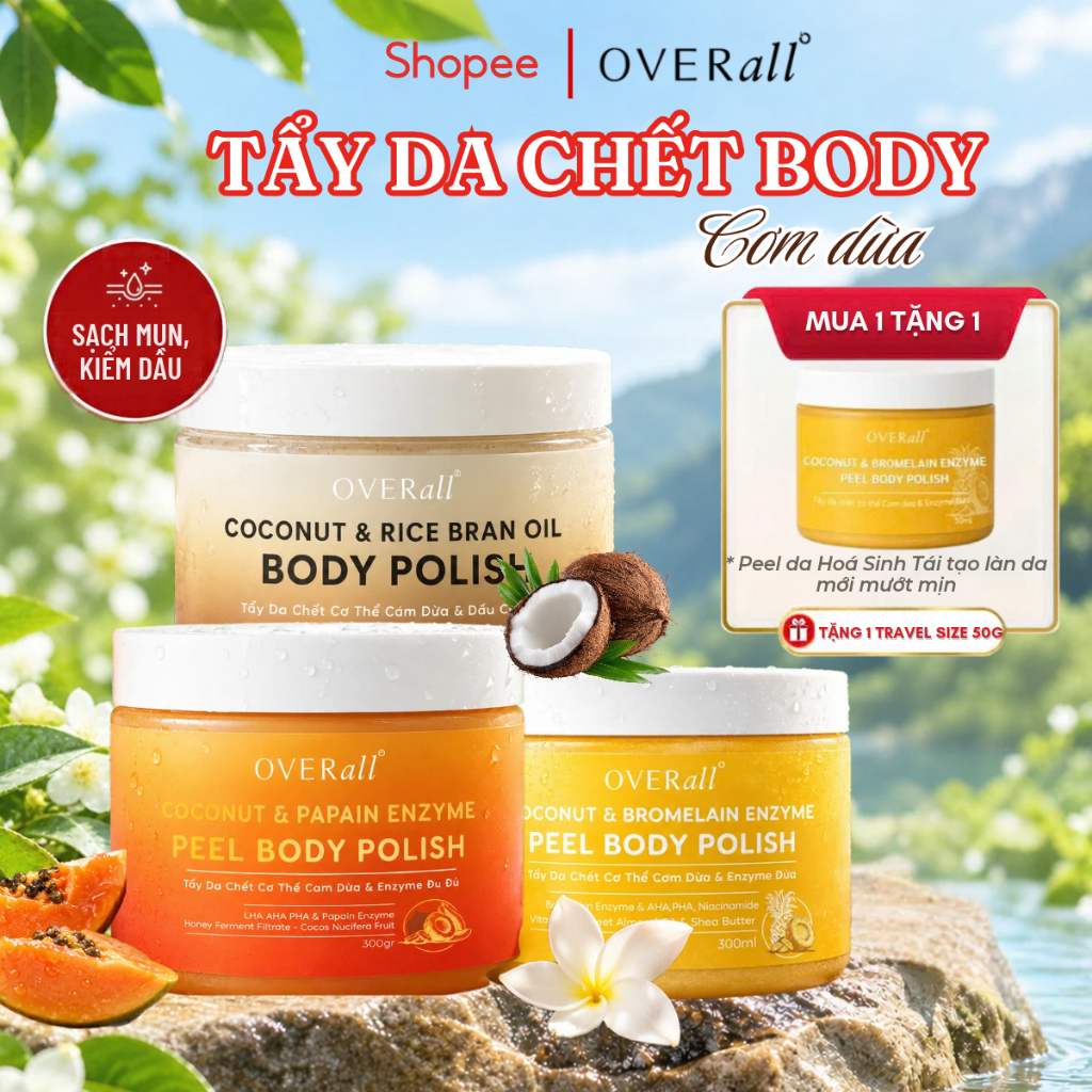 [VOUCHER 20K/0K] Tẩy tế bào chết body OVERall, Tẩy da chết 300g Sáng da Mờ Thâm, Giảm Viêm lỗ chân lông - OVR01