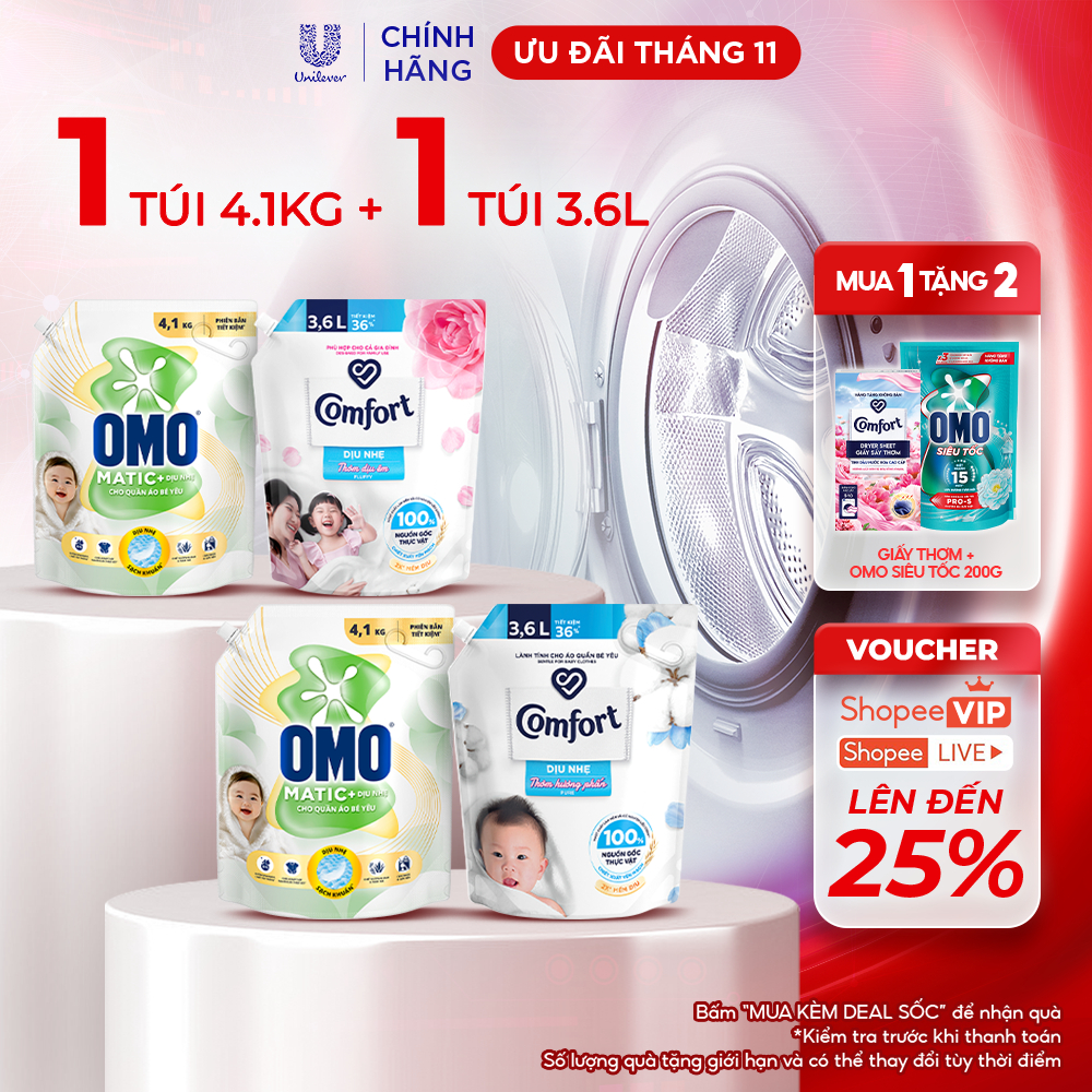 Túi Nước Giặt Omo Matic Cho Quần Áo Bé Yêu 4,1kg + Nước Xả Vải Comfort Dịu Nhẹ Túi 3,6L - Combo dành cho mẹ và bé