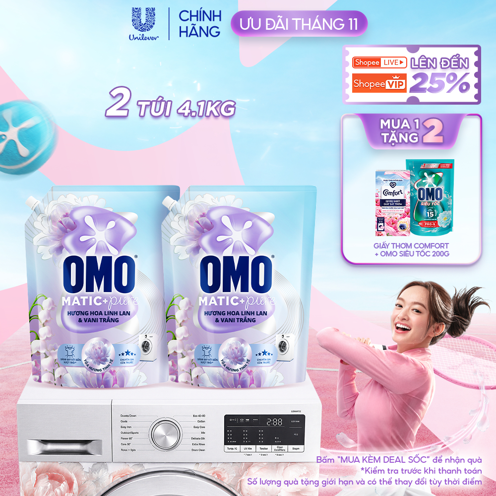 Combo 2 Nước giặt OMO Matic Pure Cửa Trước Hương Linh Lan & Vani Trắng 4.1KG (túi)