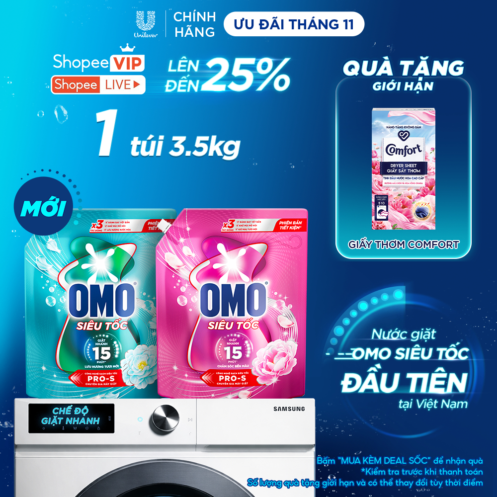 [MỚI] Nước giặt Omo Siêu Tốc đầu tiên tại Việt Nam, được thiết kế dành riêng cho chu trình giặt nhanh | Túi 3.5KG