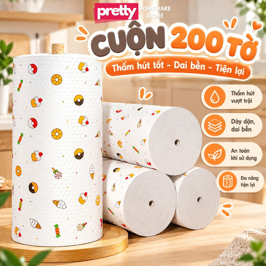 [CUỘN TO] Cuộn 200 Khăn Giấy Vải Lau Đa Năng, Khăn Lau Bếp, Siêu Thấm Hút Có Thể Tái Sử Dụng