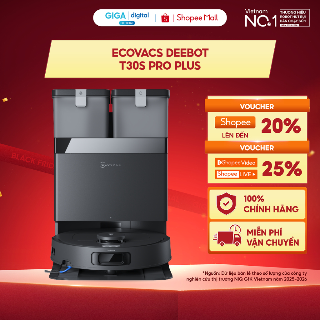 [DEAL HỜI] Ecovacs Deebot T30S Pro Plus Robot hút bụi lau nhà | Lực hút 25000Pa | Bảo hành 24 Tháng