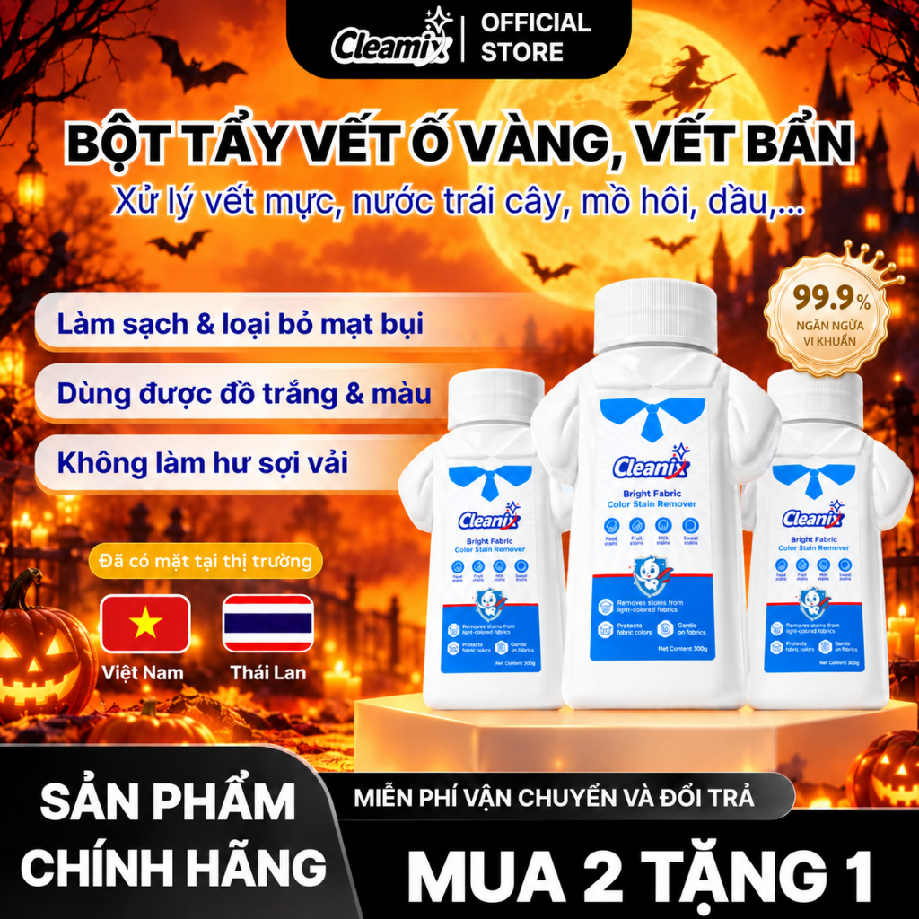 [MUA 2 TẶNG 1] Bột tẩy vết ố vàng, cổ áo, dùng cho gấu bông, balo, đồ trắng, đồ màu Cleamix 300g