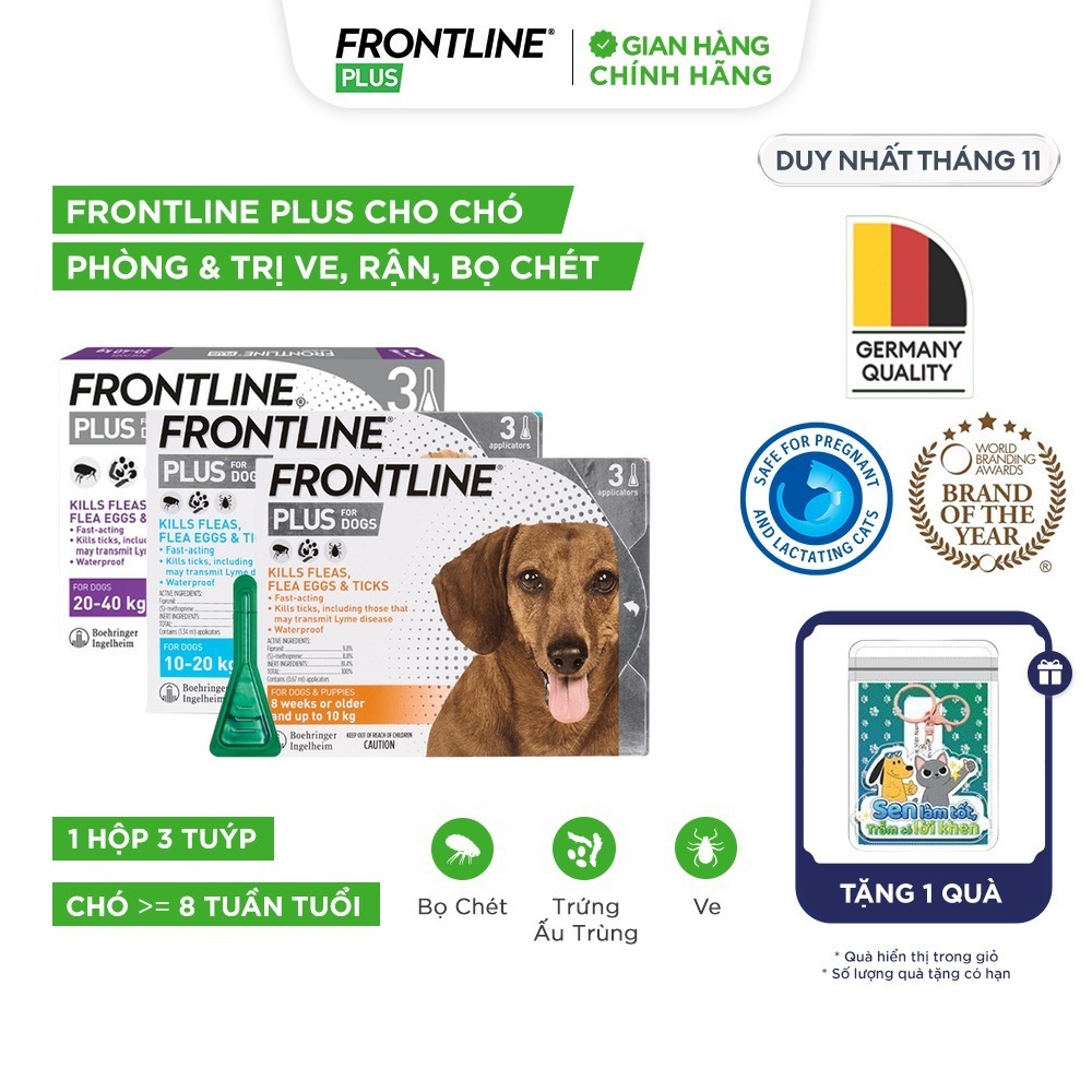 Frontline Plus - Tuýp nhỏ gáy phòng ve, rận, bọ (trứng, ấu trùng, con trưởng thành) cho chó - 1 hộp 3 tuýp