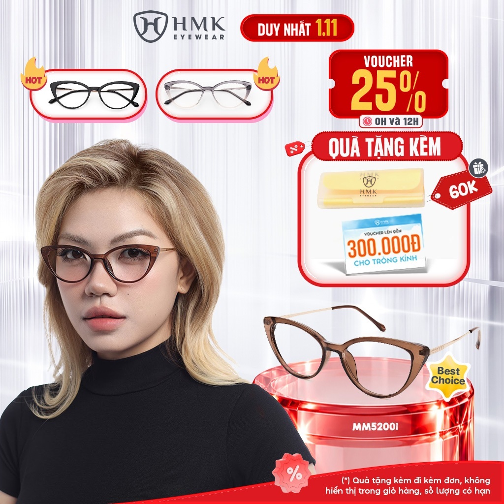 Gọng Kính Mắt Mèo HMK Eyewear Nhựa Kim Loại Cá Tính Thời Trang Nam Nữ - MM52001
