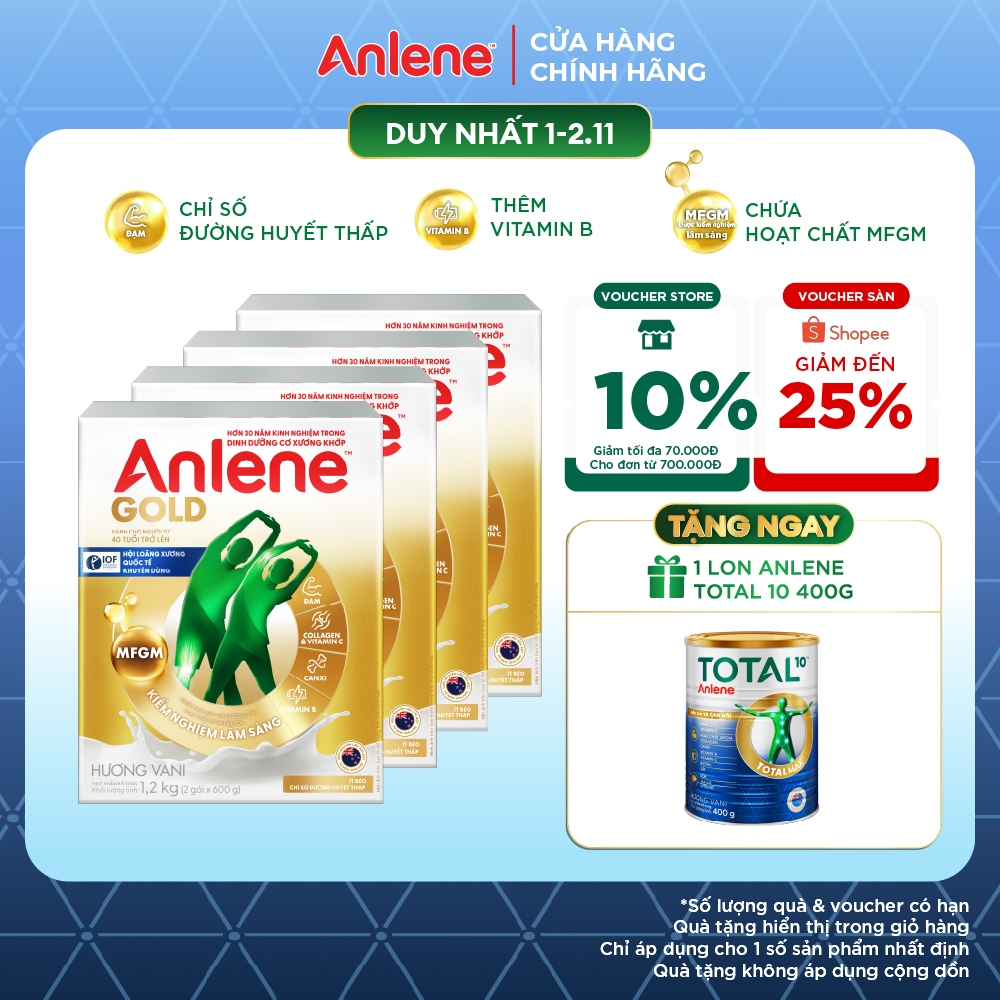 Combo 4 hộp Sữa Bột Anlene Gold Hương Vani 1.2kg ít béo, chỉ số đường huyết thấp giúp tăng cường cơ xương khớp