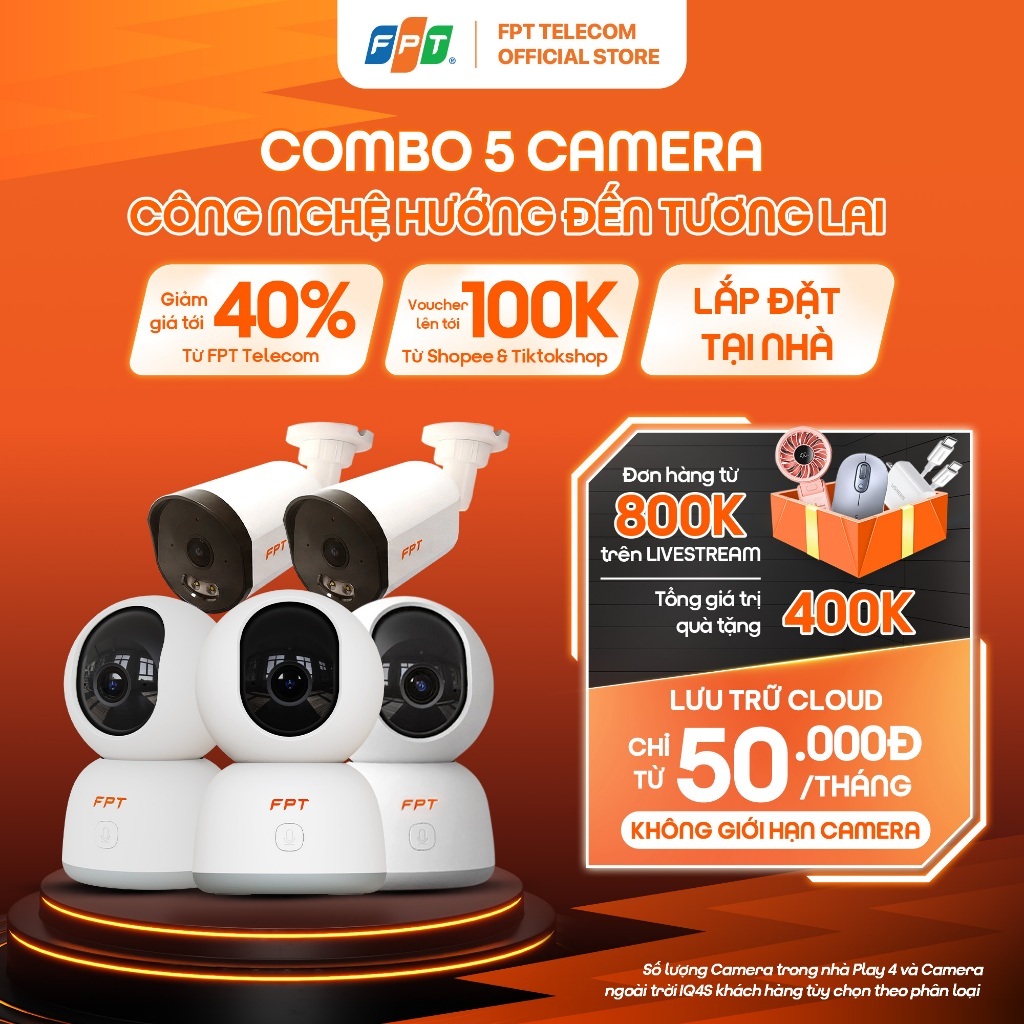 Combo 5 Camera FPT Trong Nhà Play 4 và Camera Ngoài Trời IQ4S,  Camera An Ninh Lưu Trữ Cloud Bảo Mật, AI Thông Minh