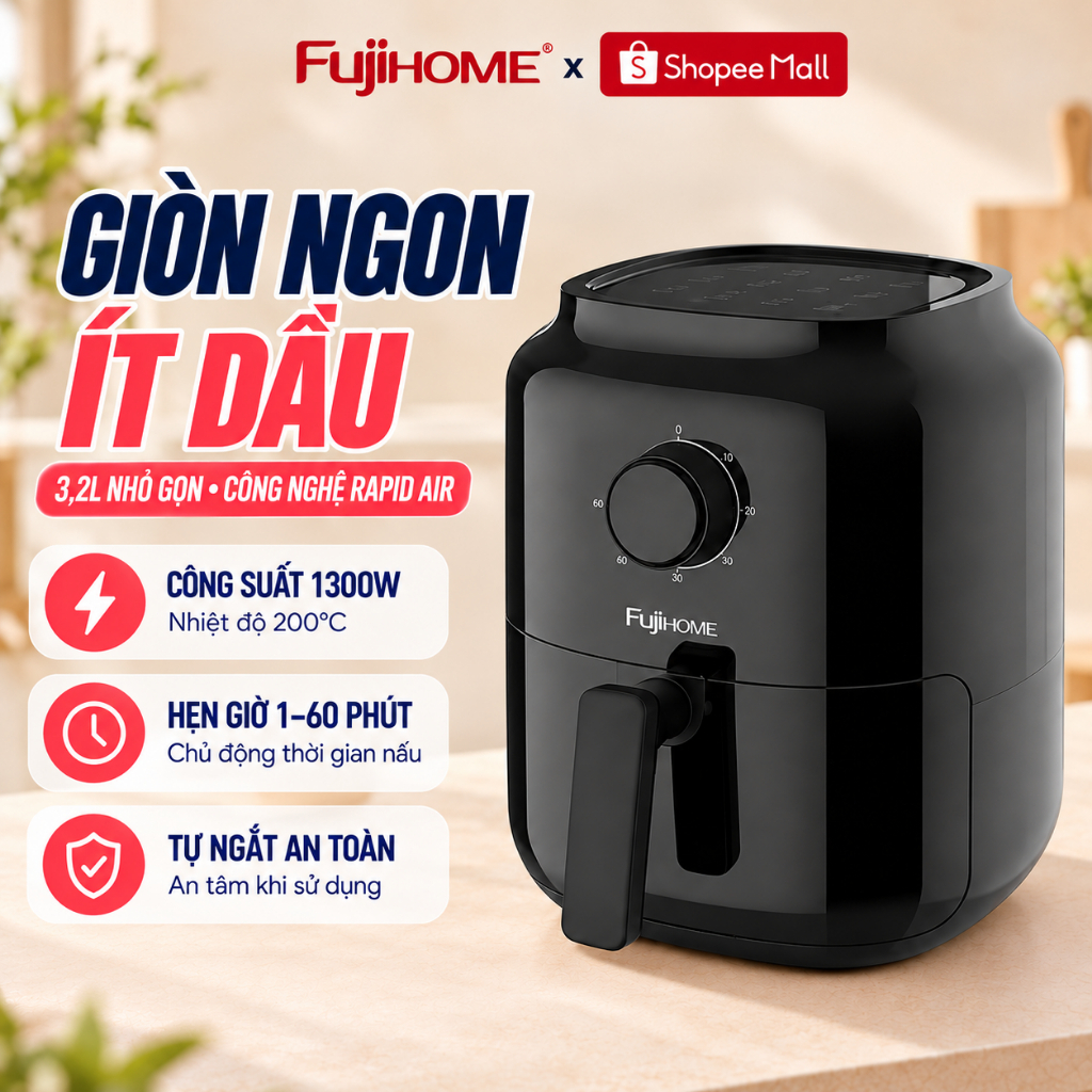 Nồi chiên không dầu 3.2 Lít FUJIHOME A3B, A3A tự ngắt có chống dính cao cấp, lò chiên ko dầu mini