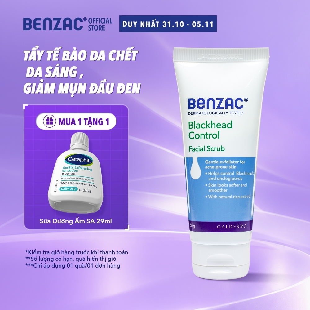 Tẩy tế bào chết giúp làm sạch mụn đầu đen cho da dầu mụn BENZAC Blackhead Control Scrub 60G