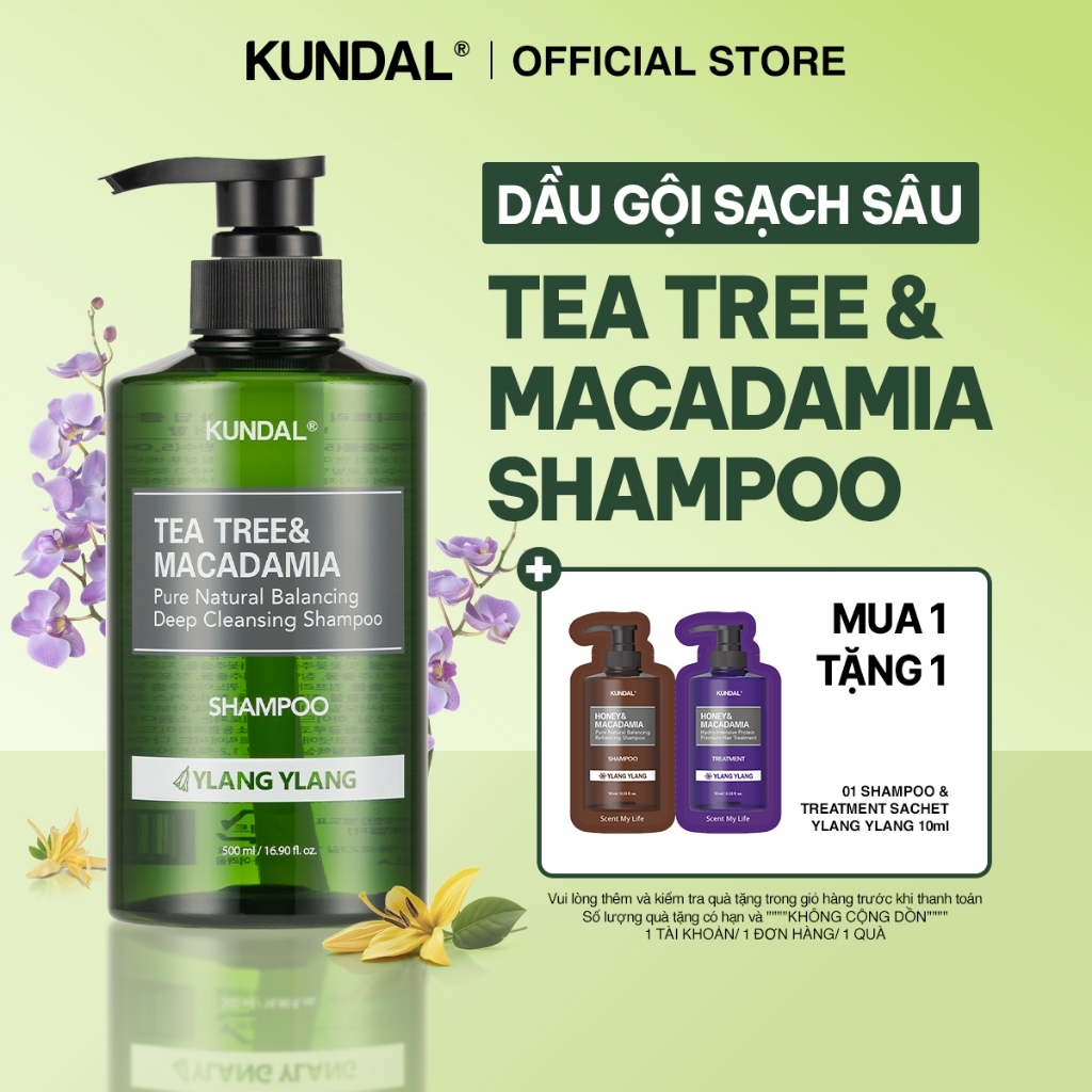 [MỚI] Dầu Gội KUNDAL Tea Tree & Macadamia Shampoo Làm Sạch Sâu Kiềm Dầu Cho Da Đầu 500ml