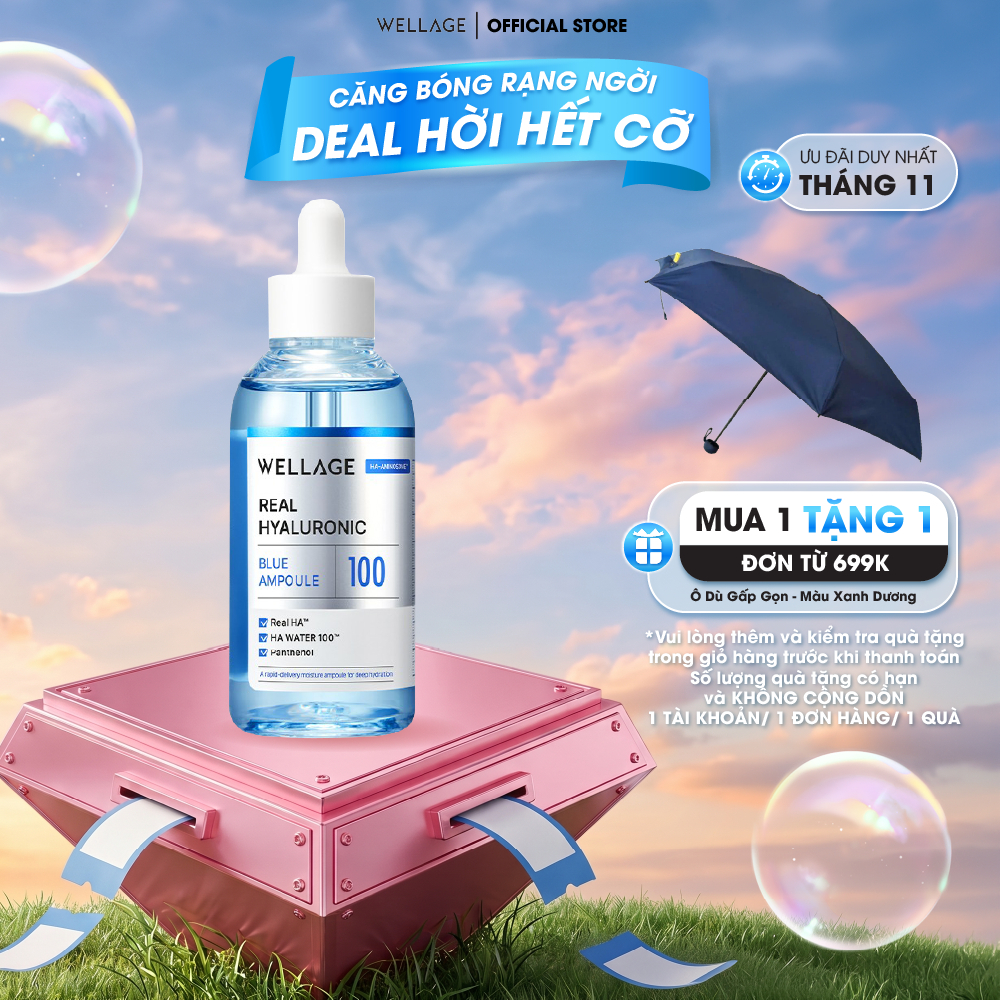 Tinh chất cấp ẩm sâu, phục hồi da, căng bóng mịn màng Wellage Real Hyaluronic Blue 100 Ampoule 60ml