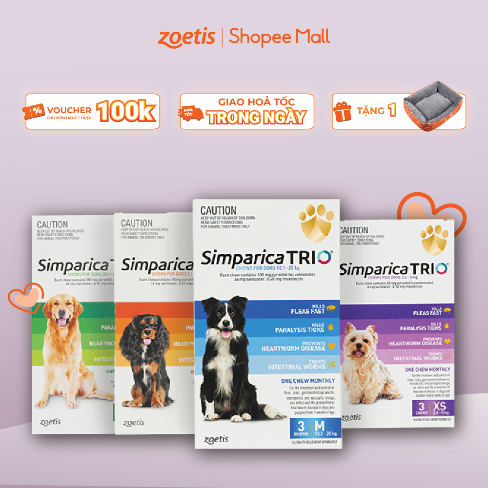 Simparica Trio –Viên Nhai Phòng Ve,Ghẻ Bọ Chét kết hợp Tẩy Giun Cho Chó từ 2.6kg-40kg (Hộp 3 viên)