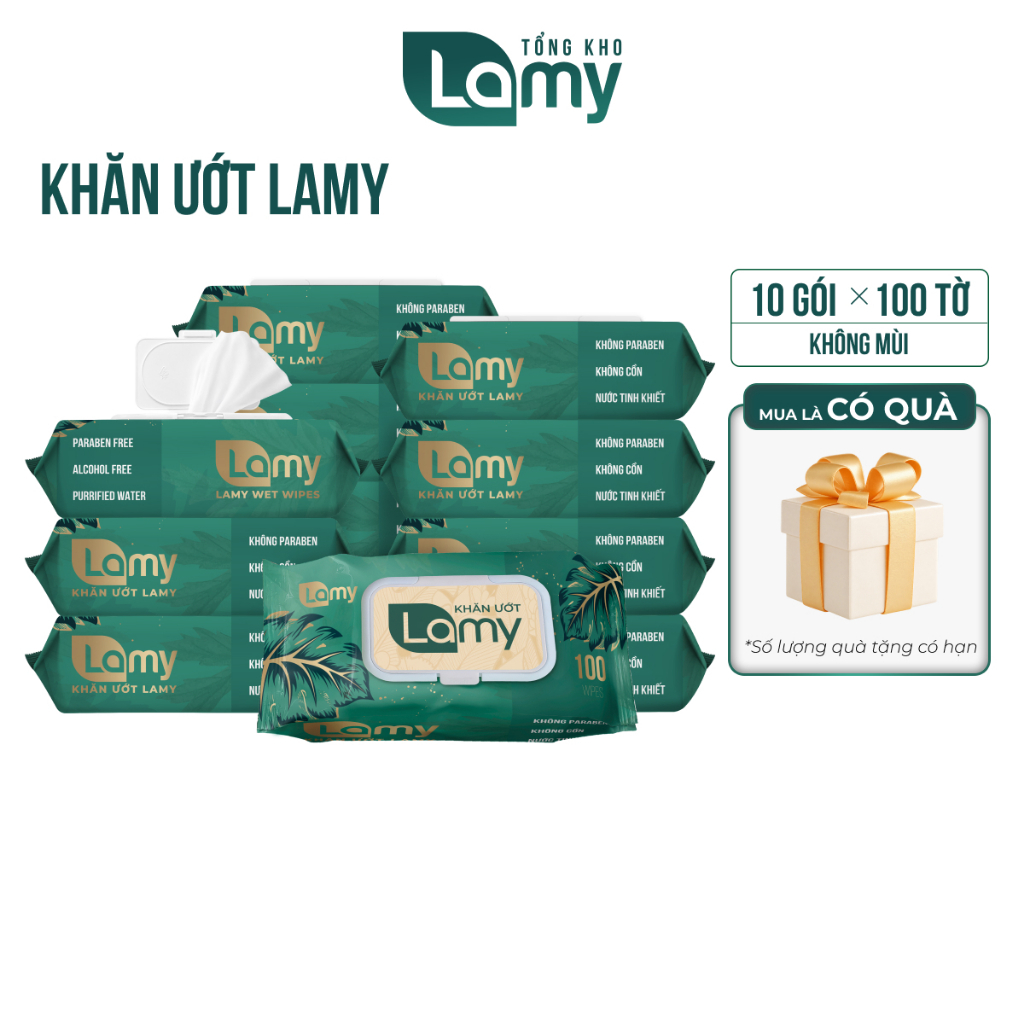 (TẶNG SÁCH TÔ MÀU) Thùng 10 gói khăn giấy ướt Lamy không cồn cao cấp gói 100 tờ