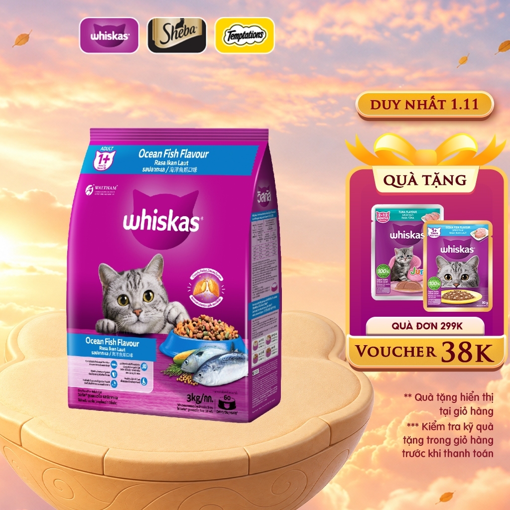 WHISKAS Thức Ăn Cho Mèo Trưởng Thành Dạng Hạt vị Cá Biển - 3kg