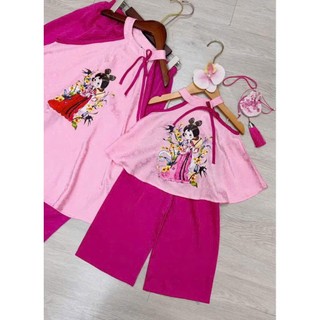 Set yếm trung thu cho bé gái đi chơi,chụp hình kèm khăn mỏ quạ xinh xắn 2 màu hồng đỏ,bộ quần áo yếm bé gái 10-30kg