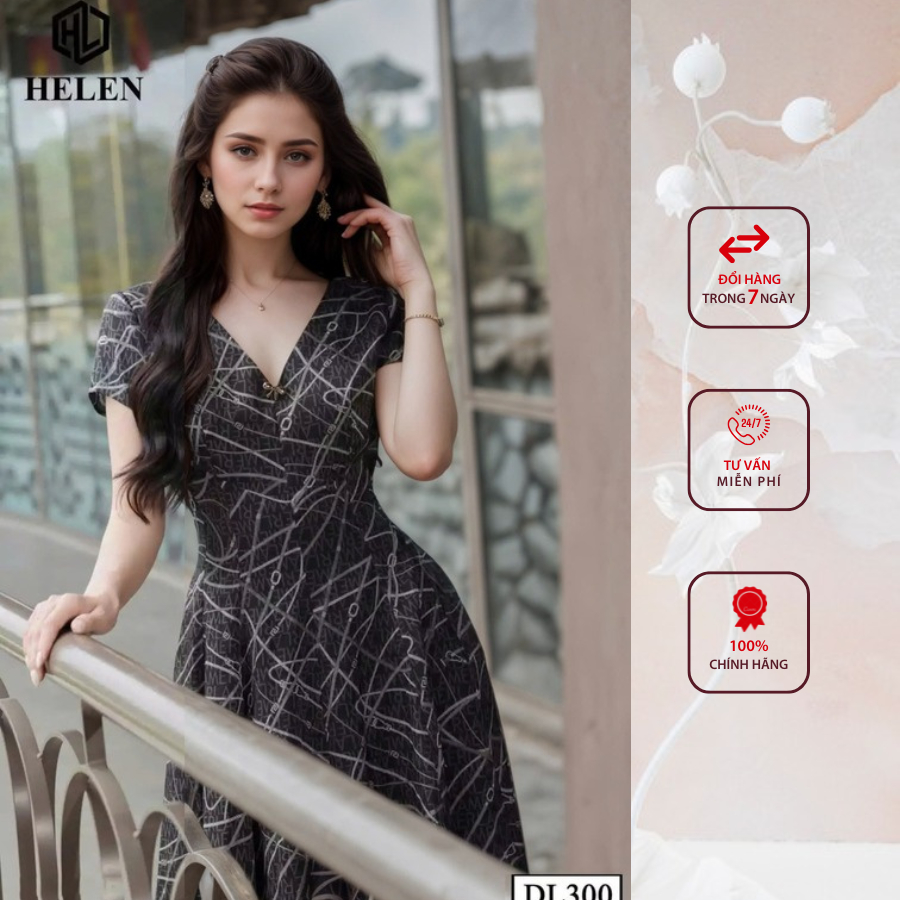 Đầm công sở HELEN thiết kế dáng xòe cổ V đen họa tiết trắng DL300