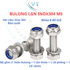 Bulong LGN inox304 M5 (vặn cờ lê 8) dài 20mm - 200mm. 1 bộ (1 bulong + 1 tán khóa +1 LĐ phẳng + 1 LĐ vênh)