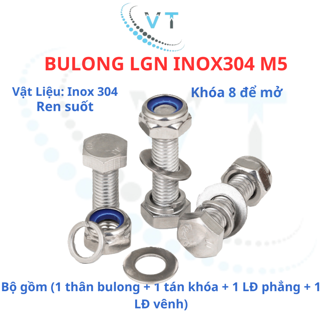 Bulong LGN inox304 M5 (vặn cờ lê 8) dài 20mm - 200mm. 1 bộ (1 bulong + 1 tán khóa +1 LĐ phẳng + 1 LĐ vênh)