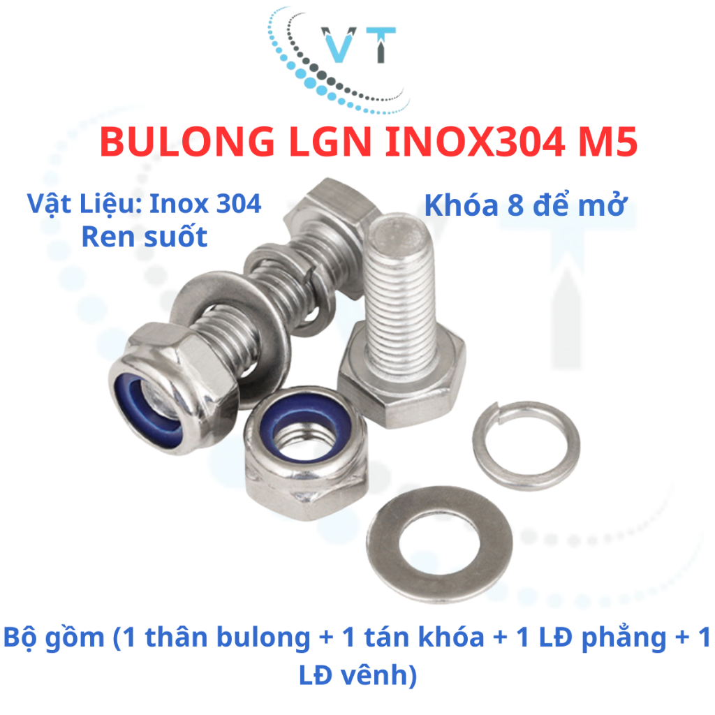 Bulong LGN inox304 M5 (vặn cờ lê 8) dài 20mm - 200mm. 1 bộ (1 bulong + 1 tán khóa +1 LĐ phẳng + 1 LĐ vênh)