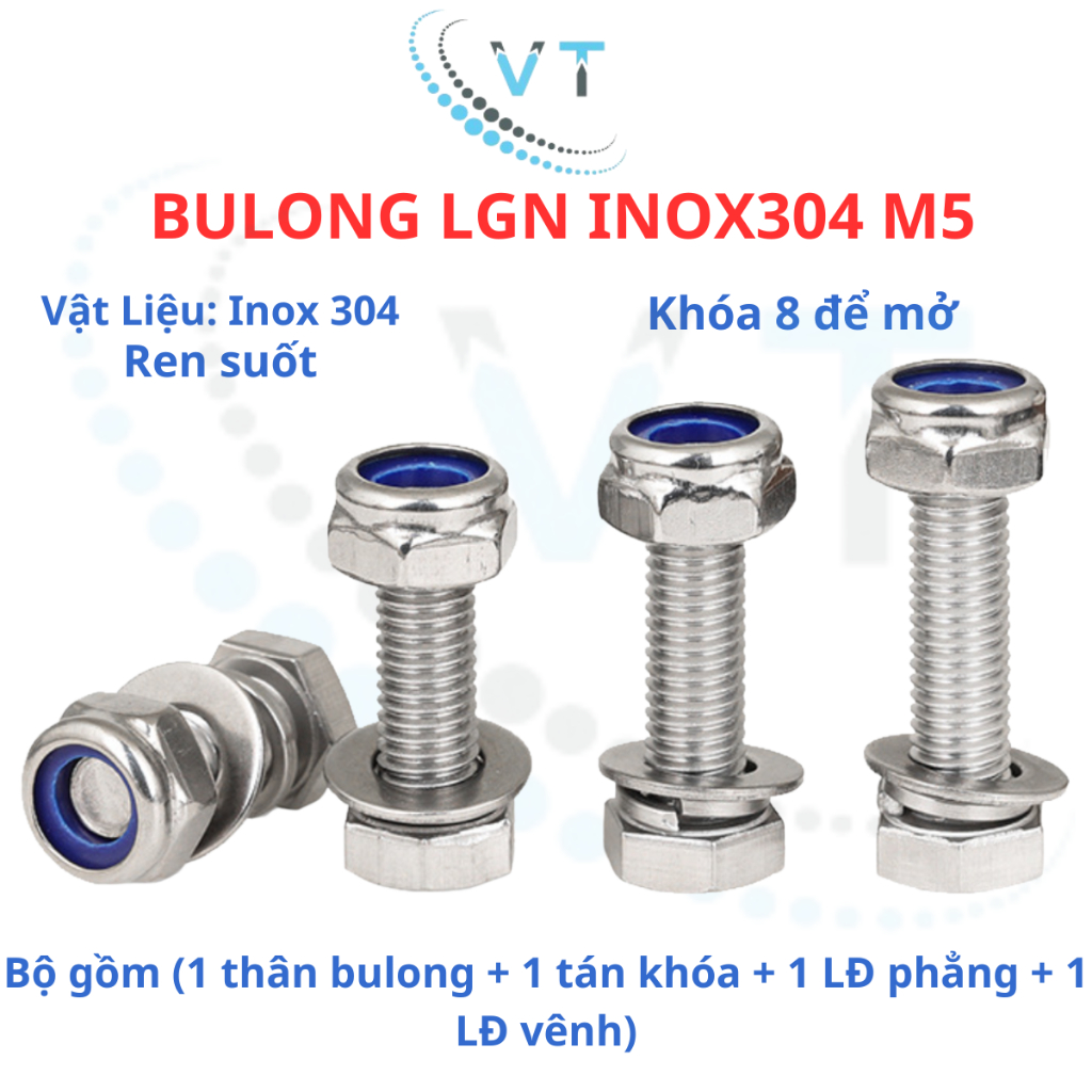 Bulong LGN inox304 M5 (vặn cờ lê 8) dài 20mm - 200mm. 1 bộ (1 bulong + 1 tán khóa +1 LĐ phẳng + 1 LĐ vênh)