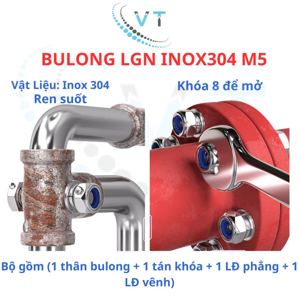 Bulong LGN inox304 M5 (vặn cờ lê 8) dài 20mm - 200mm. 1 bộ (1 bulong + 1 tán khóa +1 LĐ phẳng + 1 LĐ vênh)