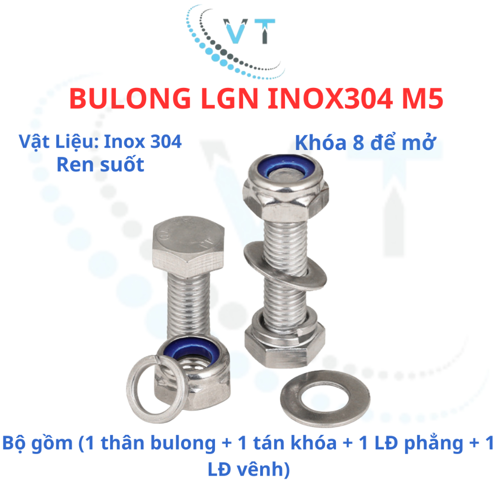 Bulong LGN inox304 M5 (vặn cờ lê 8) dài 20mm - 200mm. 1 bộ (1 bulong + 1 tán khóa +1 LĐ phẳng + 1 LĐ vênh)