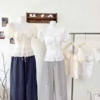 Áo kiểu nữ cổ Vuông thoboi thắt nơ phối ren ôm eo xinh xắn