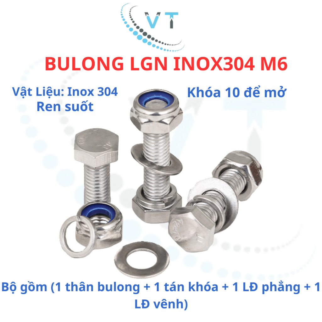 Bulong LGN inox304 M6 (vặn cờ lê 10) dài 10mm - 100mm. 1 bộ (1 bulong + 1 tán khóa +1 LĐ phẳng + 1 LĐ vênh)