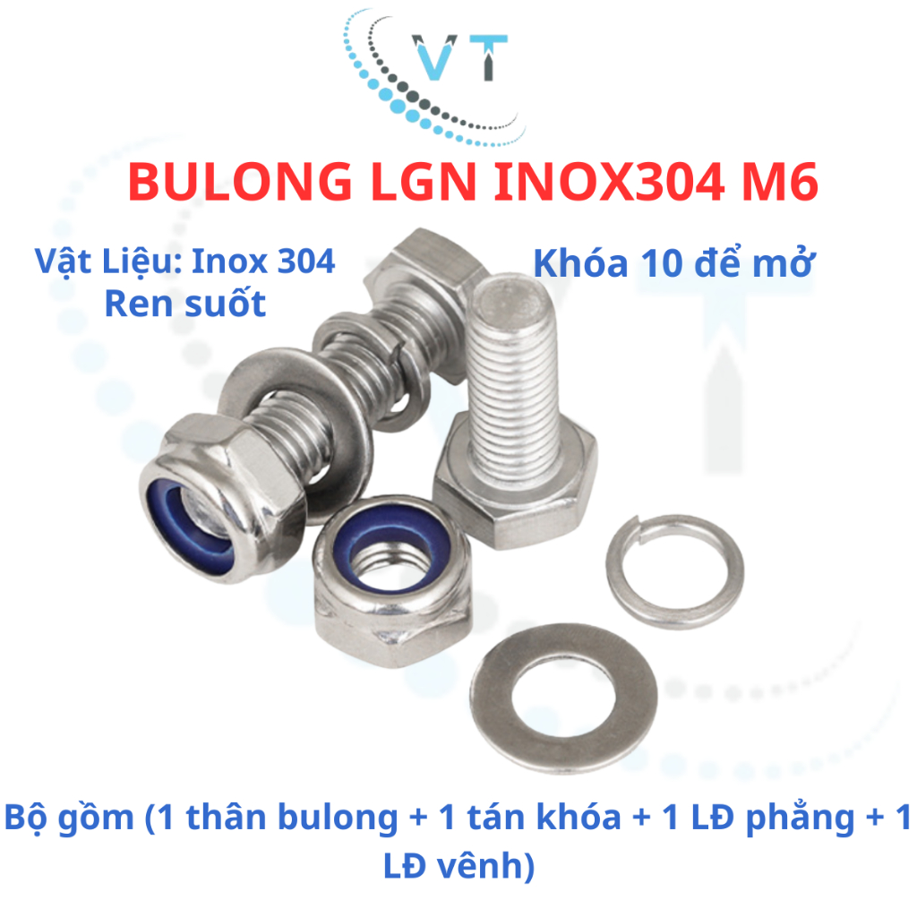 Bulong LGN inox304 M6 (vặn cờ lê 10) dài 10mm - 100mm. 1 bộ (1 bulong + 1 tán khóa +1 LĐ phẳng + 1 LĐ vênh)