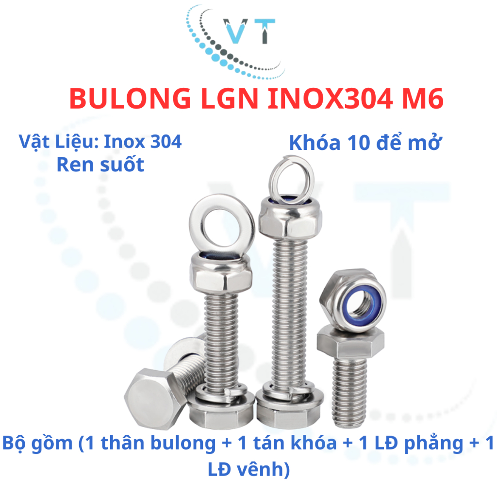Bulong LGN inox304 M6 (vặn cờ lê 10) dài 10mm - 100mm. 1 bộ (1 bulong + 1 tán khóa +1 LĐ phẳng + 1 LĐ vênh)