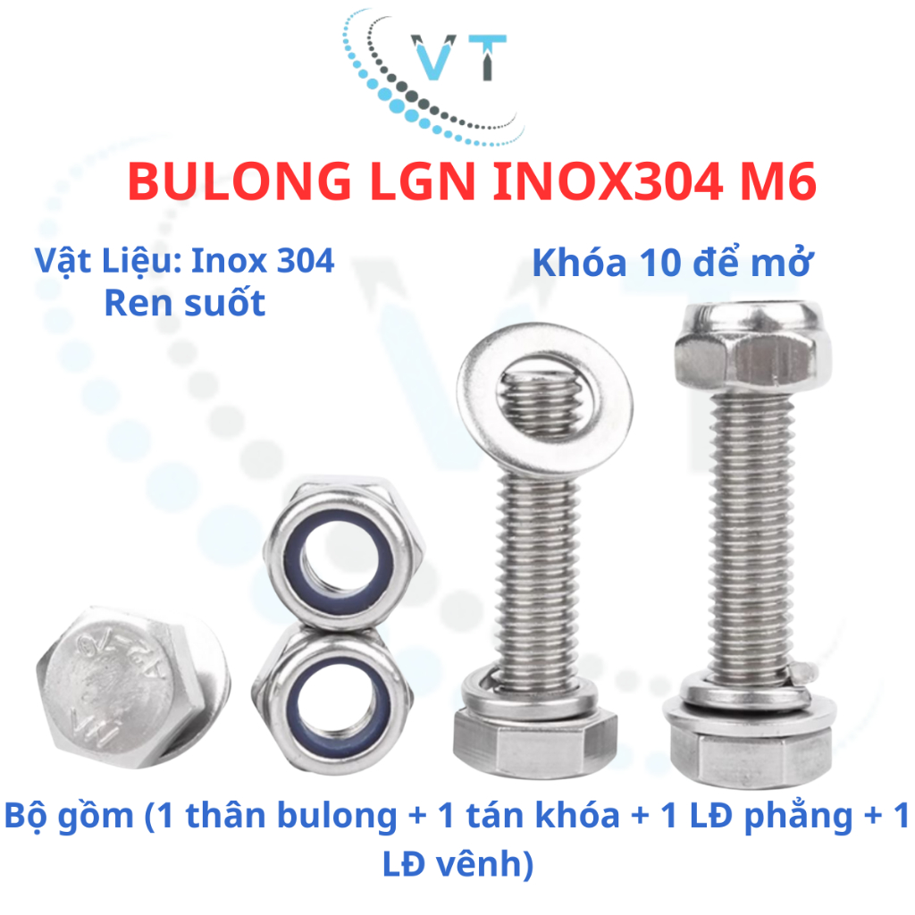 Bulong LGN inox304 M6 (vặn cờ lê 10) dài 10mm - 100mm. 1 bộ (1 bulong + 1 tán khóa +1 LĐ phẳng + 1 LĐ vênh)