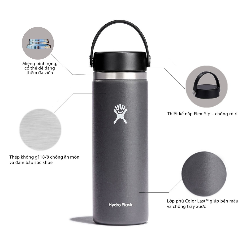 Bình giữ nhiệt Hydro Flask 591ml Wide Flex Cap 20 oz chính hãng, nắp vặn kín, giữ nhiệt tốt