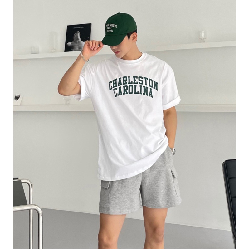 Áo thun trắng CHARLESTON CAROLINA 100% cotton co giãn thấm hút 40-100kg form suông Unisex Basetee