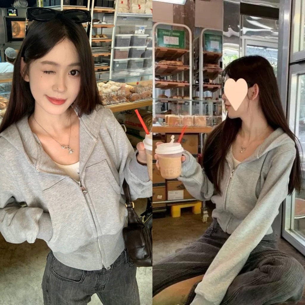 (SĂN) Áo khoác croptop hoodie zip màu ghi nhạt trơn chất hai da lót nỉ dày dặn AK010 - Tiktik