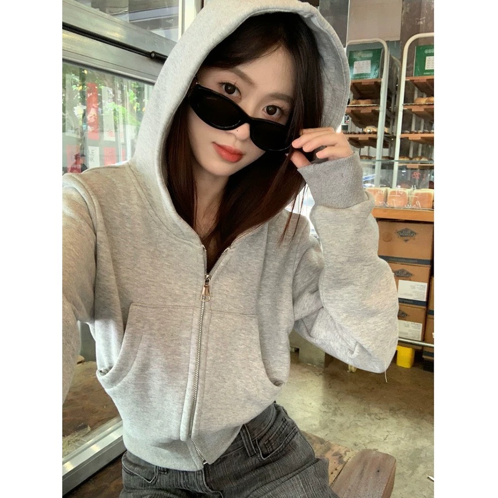 (SĂN) Áo khoác croptop hoodie zip màu ghi nhạt trơn chất hai da lót nỉ dày dặn AK010 - Tiktik