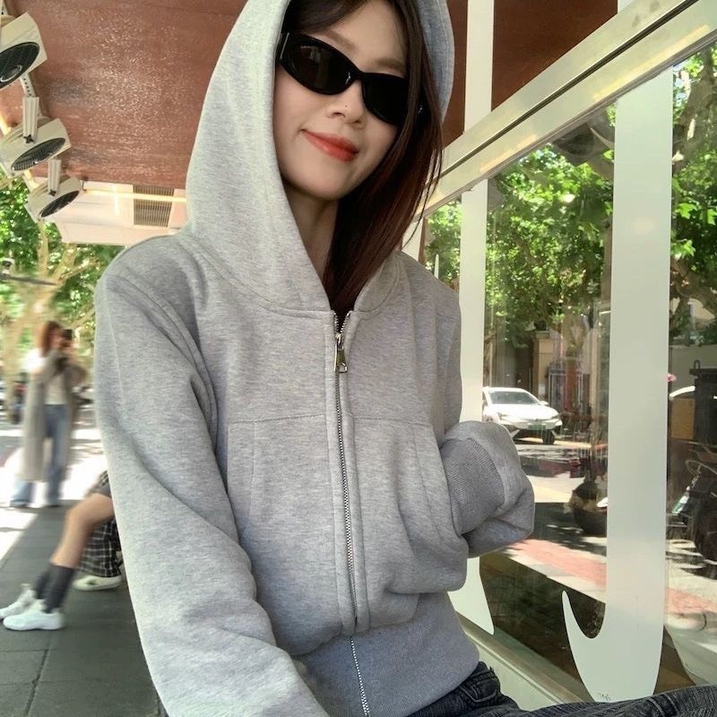 (SĂN) Áo khoác croptop hoodie zip màu ghi nhạt trơn chất hai da lót nỉ dày dặn AK010 - Tiktik