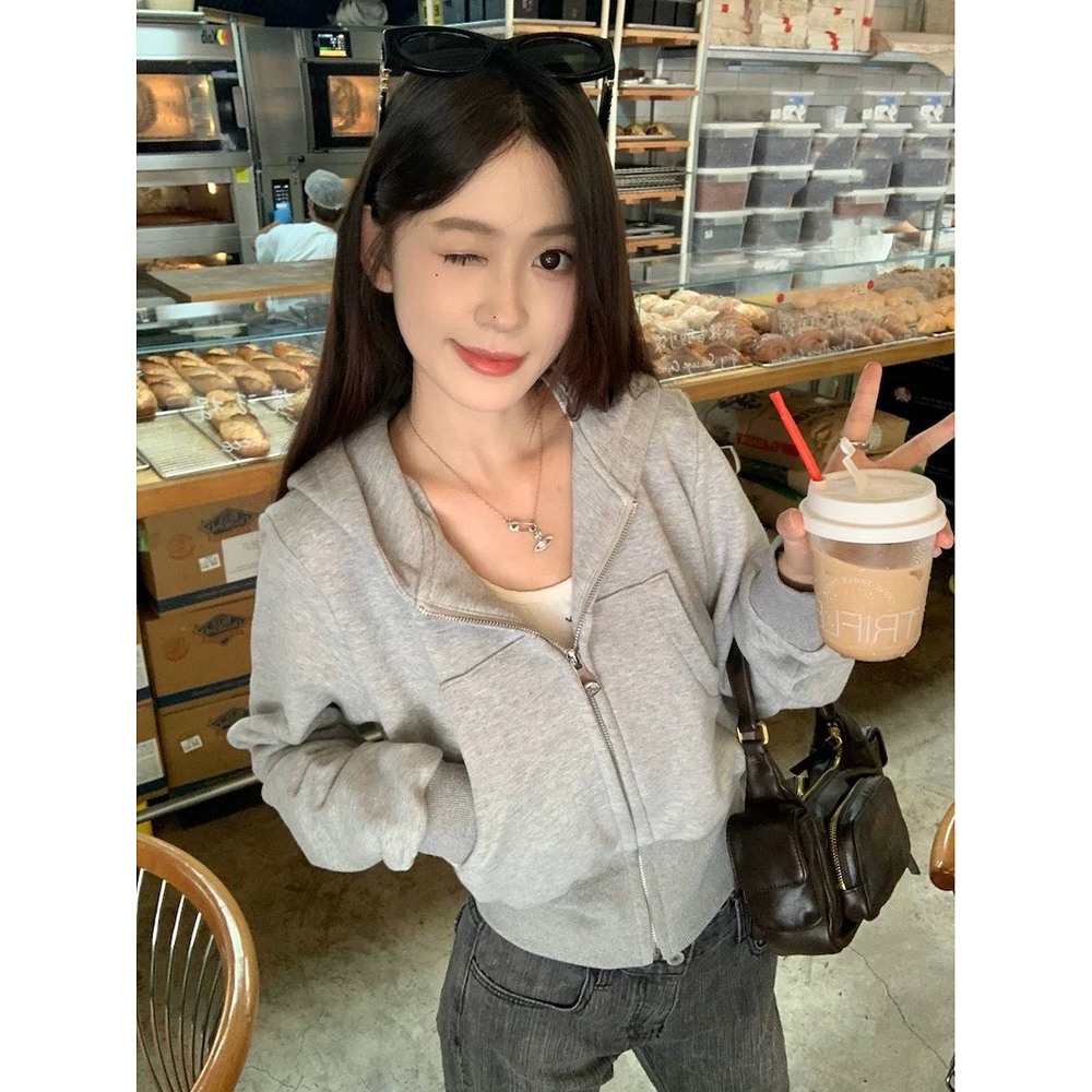 (SĂN) Áo khoác croptop hoodie zip màu ghi nhạt trơn chất hai da lót nỉ dày dặn AK010 - Tiktik
