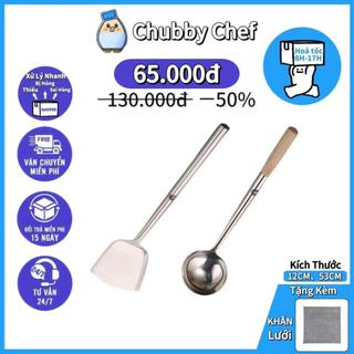 Vá inox Xẻng xào Inox Cao cấp cán gỗ dài 53CM loại dày Chubby Chef  Vá thân dài liền và chống nóng an toàn sức khỏe
